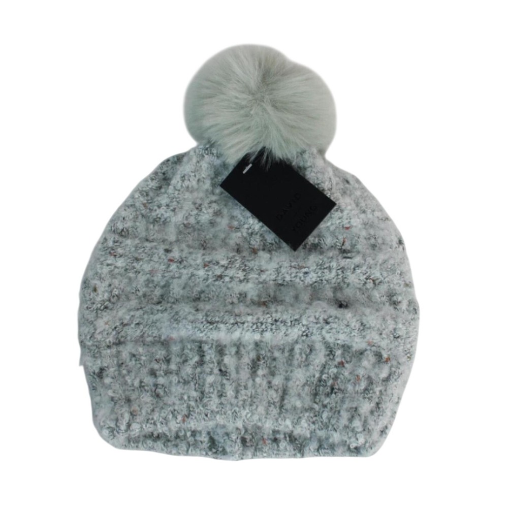 David and Young Mint Green Knit Beanie Faux Fur Pom Pom Winter Hat NWT